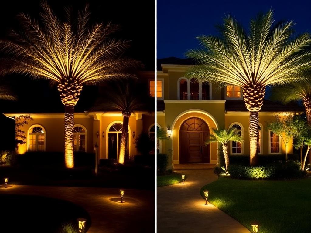 After — Estate facade with palm uplighting