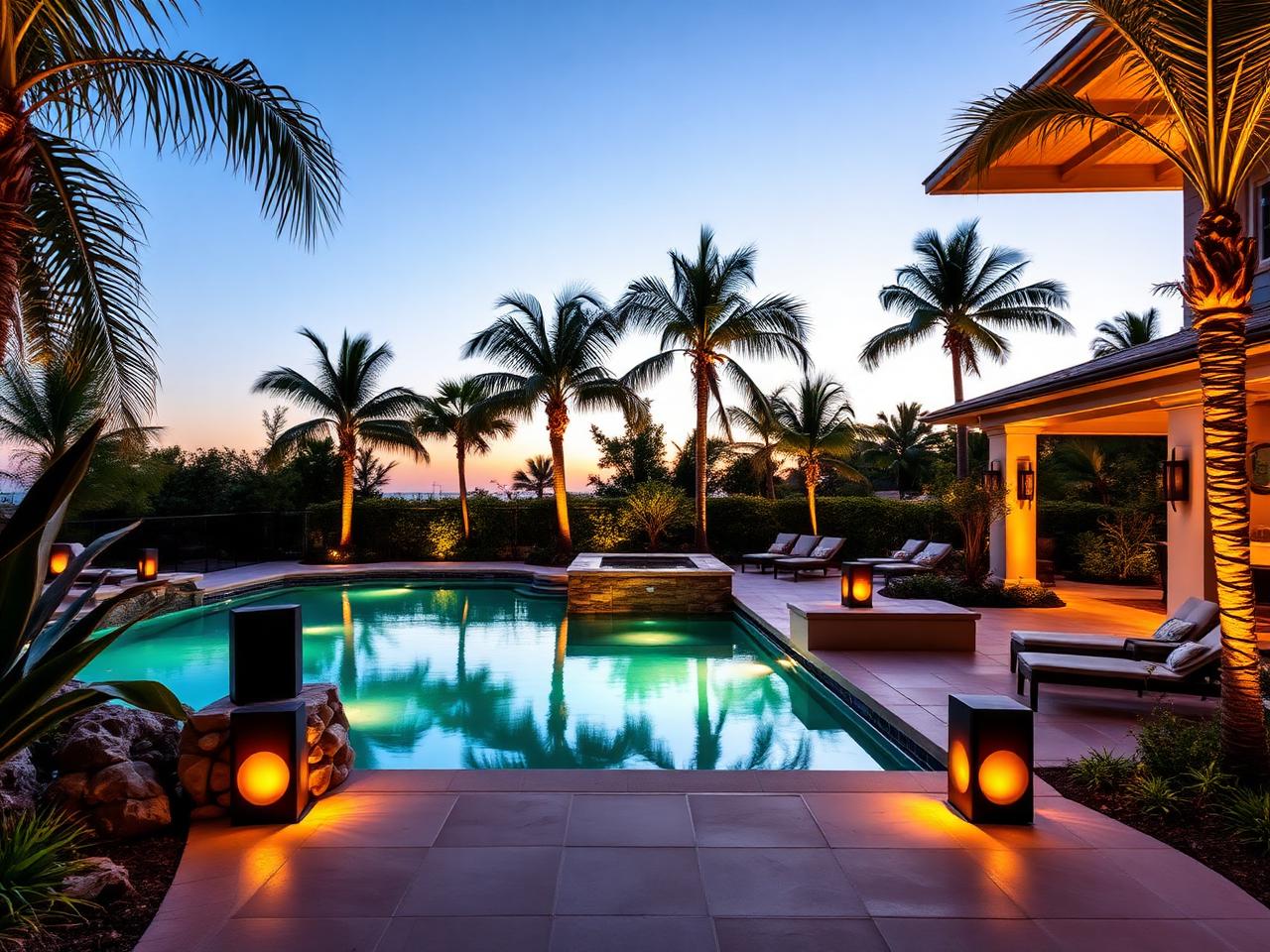 Luxury poolside patio with hidden outdoor speakers and warm landscape lighting in Jupiter, Florida