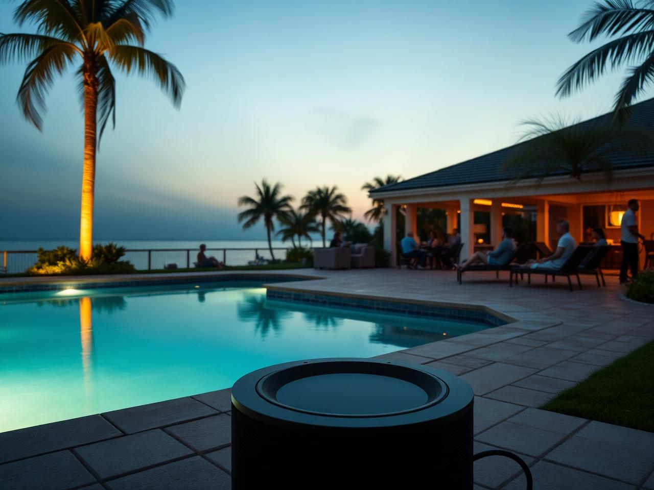 Evening poolside gathering with integrated outdoor sound system at a Jupiter, Florida estate