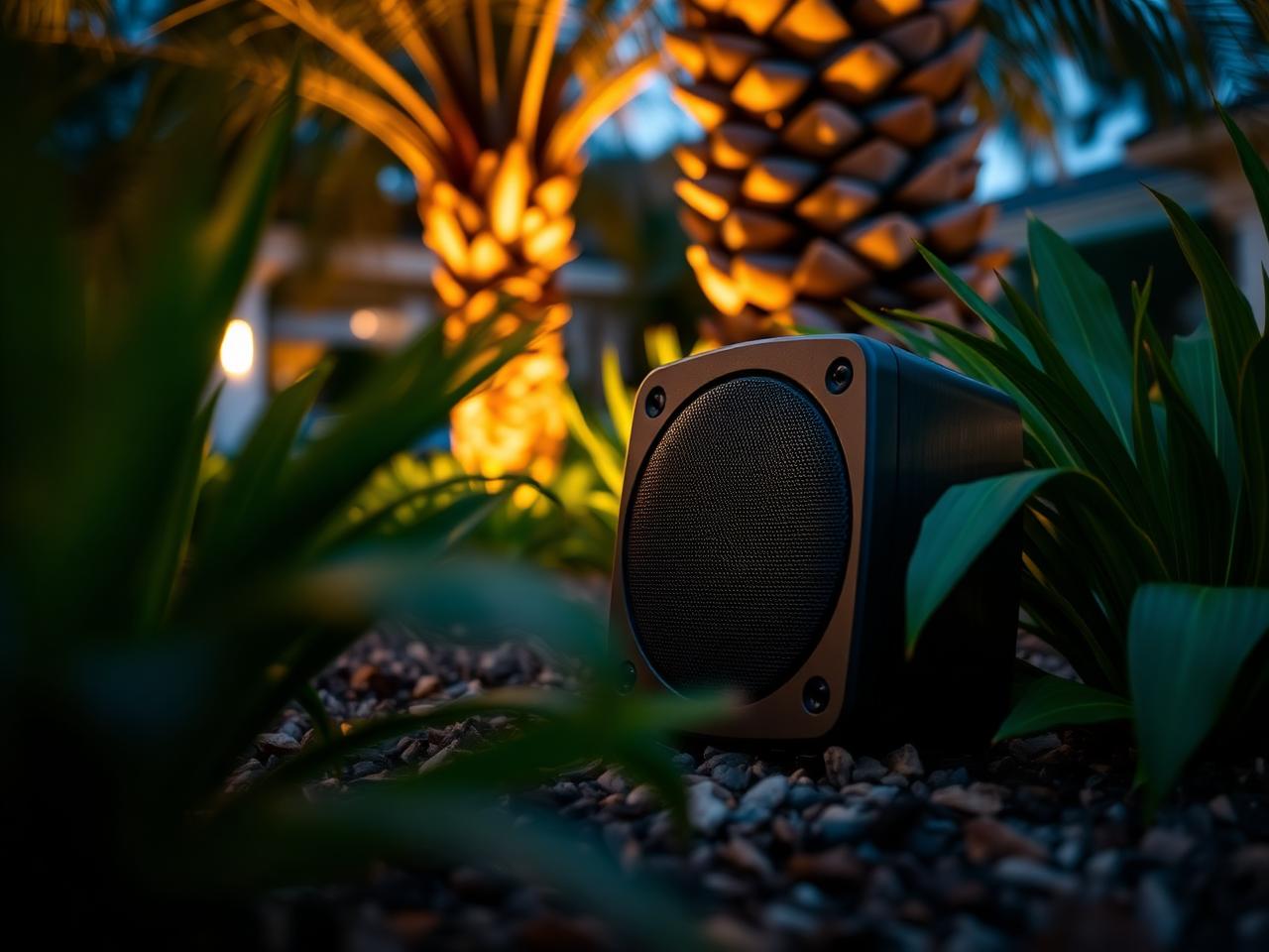 Premium outdoor landscape speaker discreetly installed among tropical plants