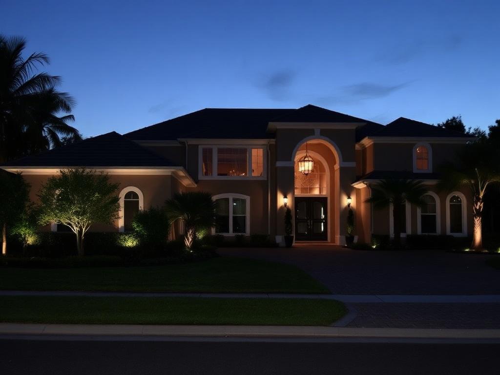 Before — Estate facade with palm uplighting